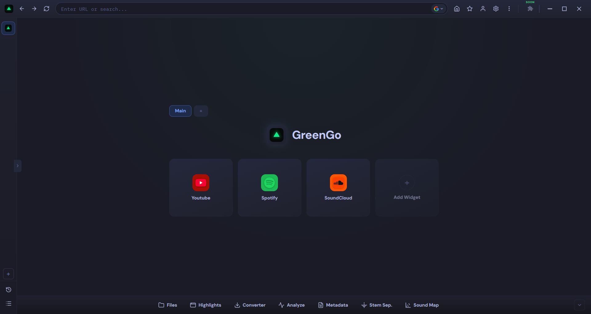 GreenGo Browser — Tokyo Night theme